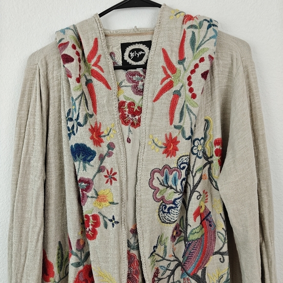 Johnny Was Floral Bird Embroidered Open Hooded Duster Open Front Cartigan LG - Picture 2 of 16